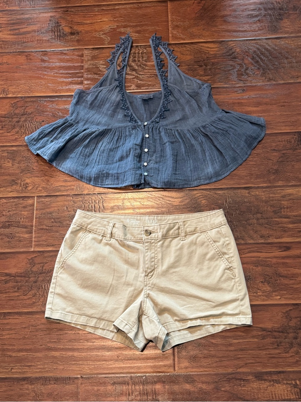 (751) Navy Crochet-Trim Button Front Tank Top & Khaki Shorts Bundle